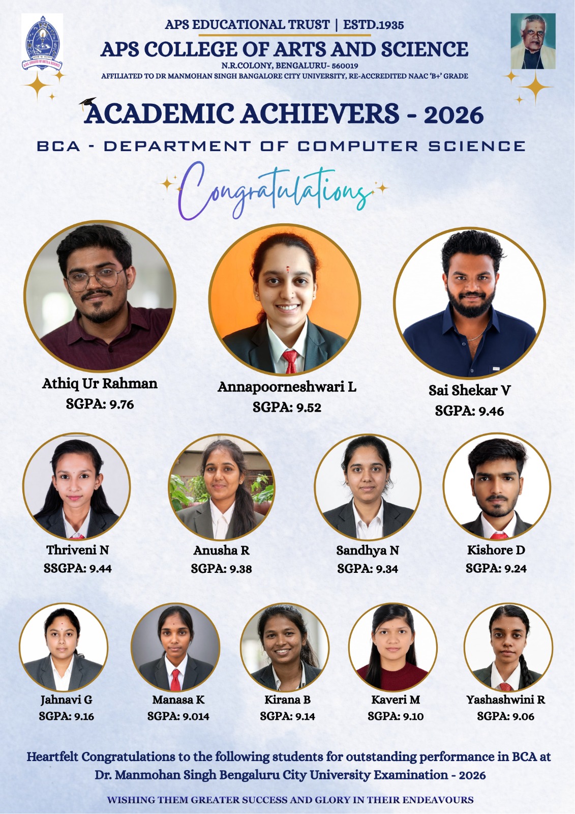 APS College of Arts and Science Academic Achievers 2026 – BCA Department of Computer Science